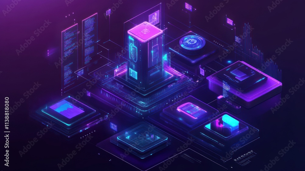 Poster cyberpunk futuristic digital server network: isometric 3d render of a high-tech data center with glo