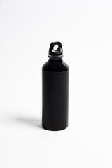 Plain black tumbler drink bottle, isolated on white background