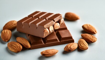 Milk chocolate bar broken in half, revealing almonds nestled inside. Surrounded by more almonds on a light gray surface.