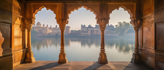 Indian Palace Architecture: Golden Hour Reflection on Calm Water