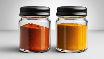 Two glass jars with black lids hold vibrant red and yellow powders.