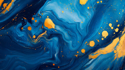 A hand-painted background featuring blended blue and gold liquid paints in an abstract fluid acrylic style.