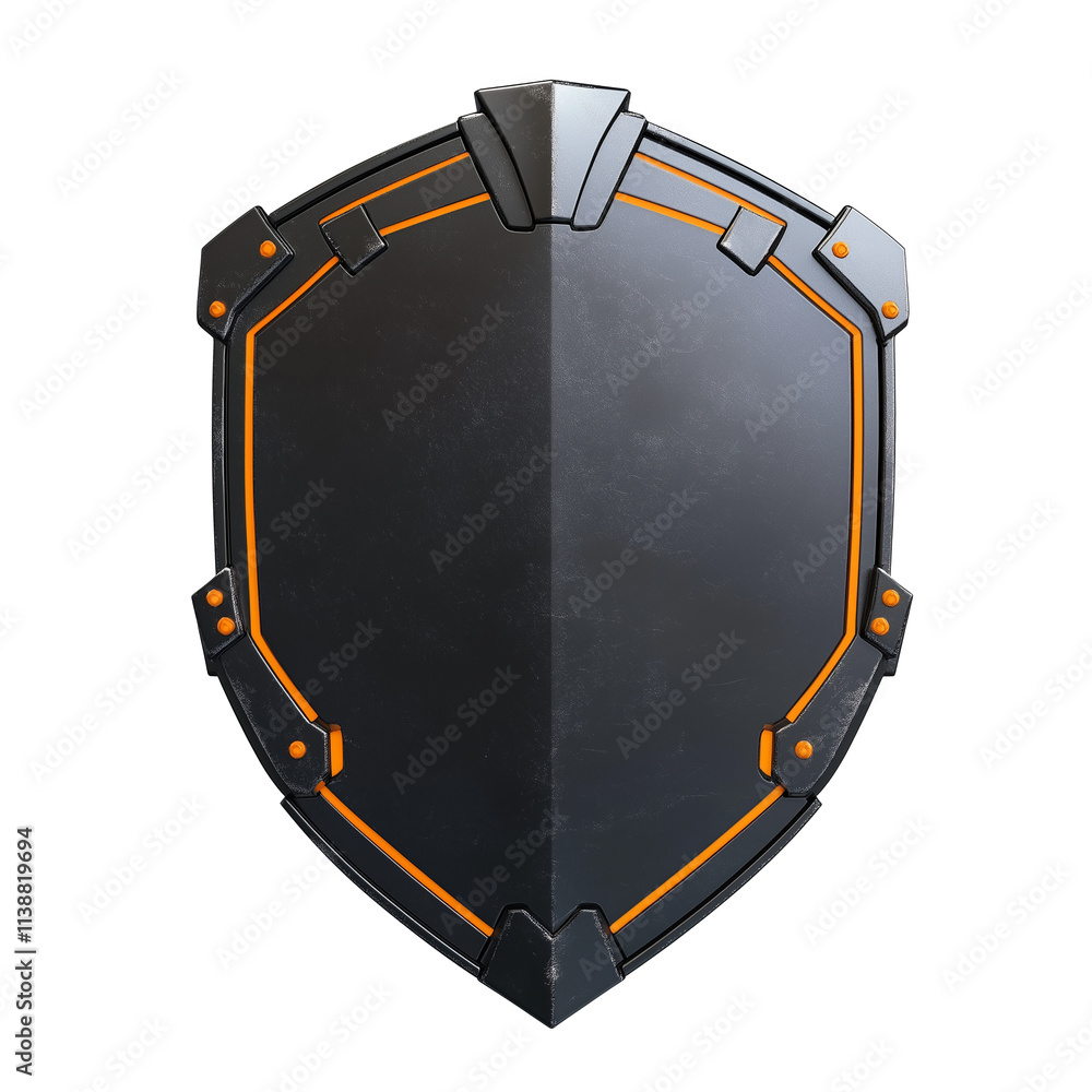 Poster sleek 3d cartoon shield with orange accents symbolizes hacker proof security