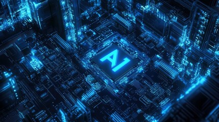 3D illustration of glowing blue "AI" text on a computer chip, dark background with circuit board texture.
