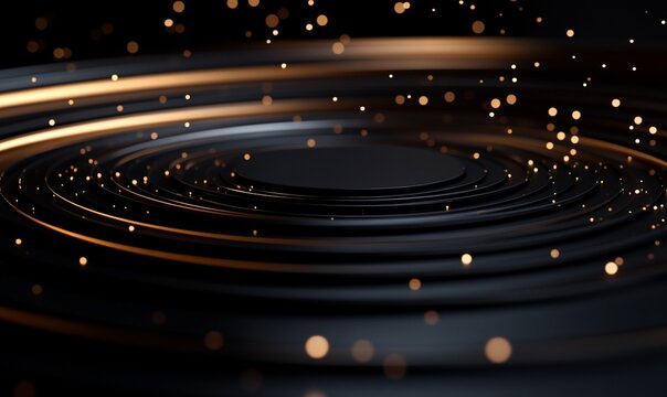 Dark abstract background with glowing circles and particles.
