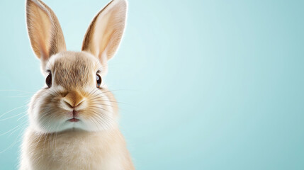 Obraz premium Adorable fluffy bunny with a fake mustache in a close-up shot, adding a touch of humor against a simple light blue background