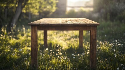 Naklejka premium Tree Table wood Podium in farm display for food, perfume, and other products on nature background, Table in farm with grass, Sunlight at morning 