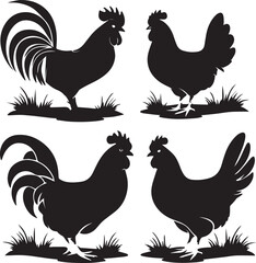 Four Silhouettes of Roosters and Hens in a Farm Setting
