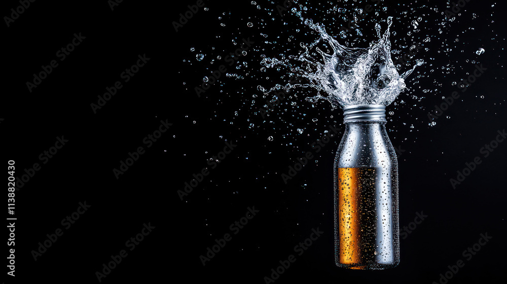Poster metallic bottle splashes water against dark background, creating dynamic visual