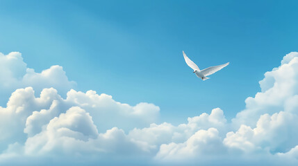 White dove flying through a clear blue sky with fluffy clouds, representing freedom, hope, and peace