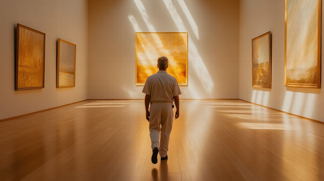 A man in white contemplates art in a serene gallery lit by sunbeams, reflecting introspection and calm.
