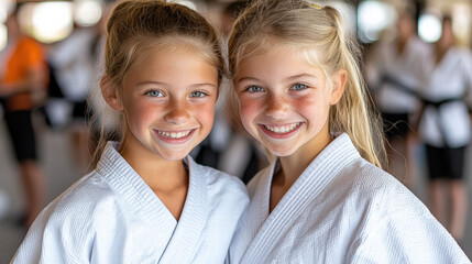 Young martial arts practitioners smile in their uniforms, embodying teamwork and joy in a bright, supportive environment.