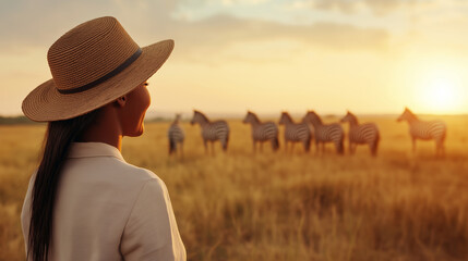 Woman in safari hat admiring zebras at sunset in the african savanna