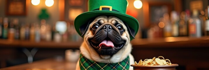Happy pug in green hat celebrating st. patrick's day with gold coins
