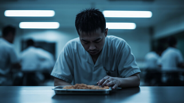 Depressed asian inmate gazes at his meal in prison cafeteria, with blurred inmates in the background - Powered by Adobe