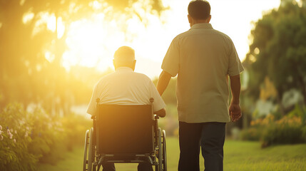 Elderly man is being pushed through a tranquil garden at sunset, showcasing a heartwarming display of care and companionship by his caretaker