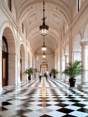 Obraz premium A grand hallway with gleaming checkered floors and ornate lighting, embodying classic sophistication and luxurious design.