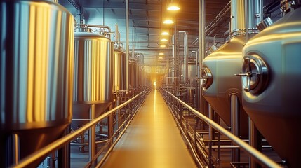An orderly brewery interior with gleaming tanks reflects warm light, highlighting the precision and artistry of modern brewing.