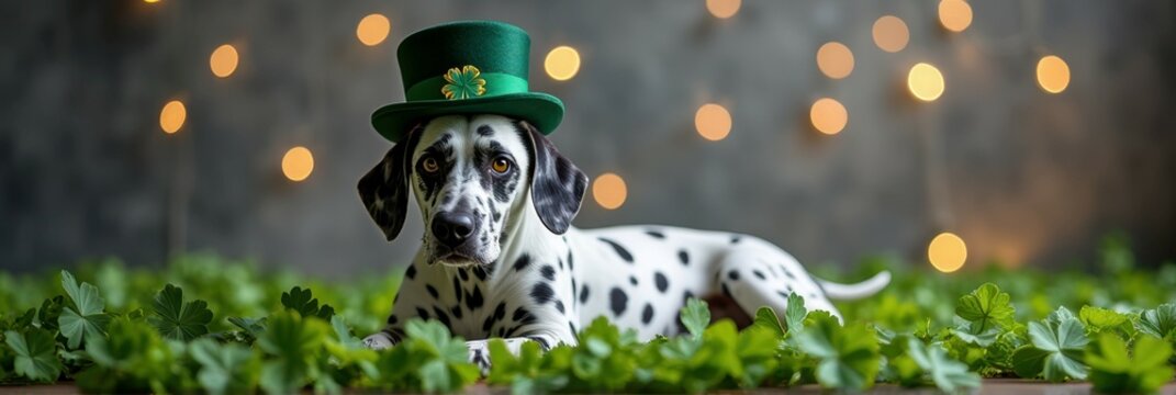 Dalmatian dog wearing green hat lying among clover with festive lights in the background
