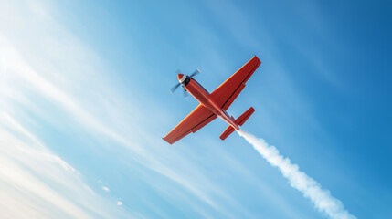 Aerial acrobatics: red stunt plane in a minimalist wide-angle view against a blue sky with some...