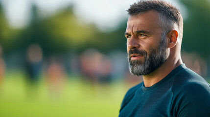Experienced male rugby coach with a grey beard inspiring his team during a match break, cultivating teamwork and resilience on the field