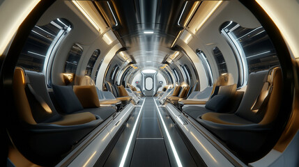 Naklejka premium Futuristic Train Interior, Hyperloop, Transportation, Futuristic Design, Sci-Fi