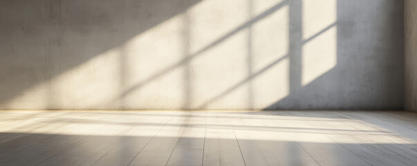 Abstract geometric pattern created by sunlight in an empty room with concrete wall and light wooden floor