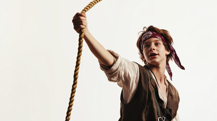 Cheerful teenager in pirate costume swinging rope lasso, enjoying playful moments in studio setting against white background