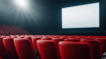Empty cinema auditorium with red seats facing a white movie screen, softly lit for a serene atmosphere of anticipation