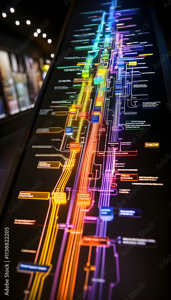 Poster vibrant multicolored flowchart displayed on a dark background, illustrating complex data connections