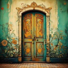 Retro Wall Art with old door texture and grunge background