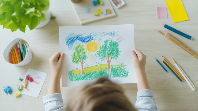 Caucasian preschooler showing colorful drawing of sunny spring landscape with trees and flowers, sitting at desk with art supplies