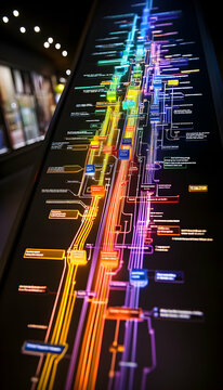 Vibrant multicolored flowchart displayed on a dark background, illustrating complex data connections and processes. Ideal for technology, business, and education concepts.
