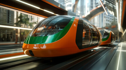 Fototapeta premium Futuristic Maglev Train: Orange and Green Personal Transport
