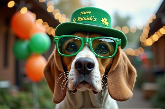 Beagle dog celebrating st. patrick's day in green hat and glasses
