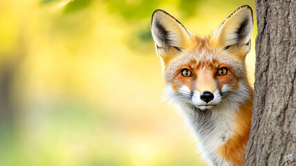 Captivating wildlife portrait of a red fox peeking out from behind a tree trunk in a luminous forest
