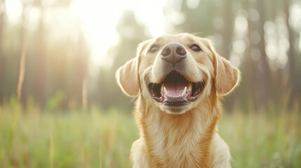 Golden retriever enjoying a sunny day in nature, with soft light and blurred forest background