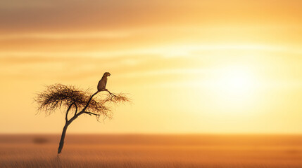 Fototapeta premium Leopard resting on a branch in the african savanna at sunrise, casting a serene and majestic silhouette