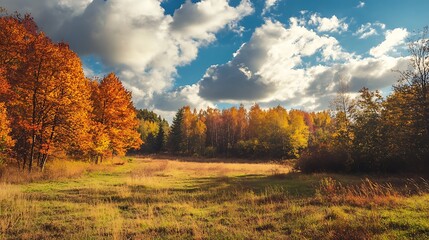 Fototapeta premium Autumn Forest Landscape. Colorful Fall Trees and Meadow. Scenic Nature.