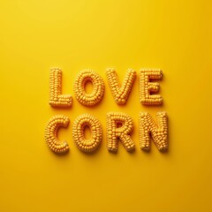 Corn shaped and textured word. Vibrant yellow background. Text arrangement for promotion of food concept.