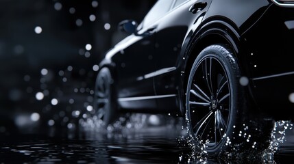 A black car is driving through a puddle of water. The water is splashing up around the car, creating a sense of motion and energy. The image conveys a feeling of excitement and adventure