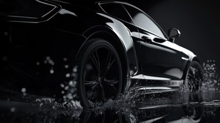 A black car is driving through a puddle of water. The water is splashing up around the car, creating a sense of motion and energy. The image conveys a feeling of excitement and adventure