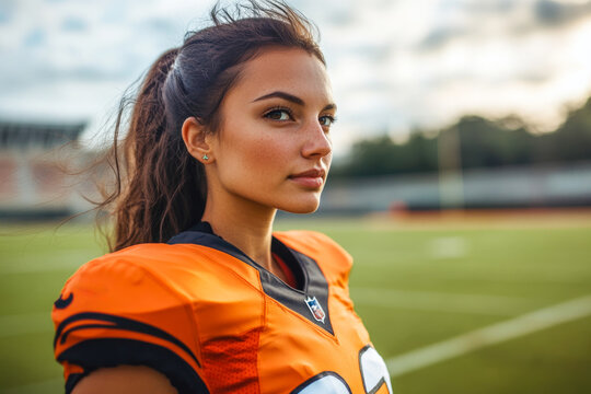 Young caucasian female football player on field wearing orange jersey - Powered by Adobe