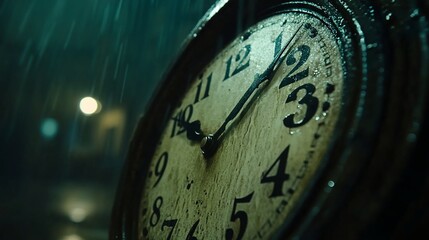 Rain-soaked antique clock in the night.