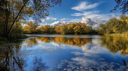 Autumn Pond Reflection, Calm Nature Scene