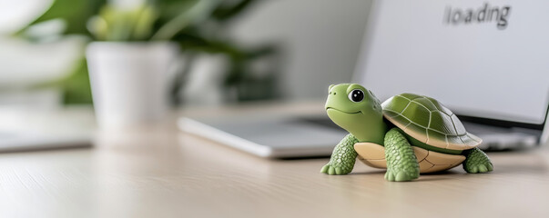 Green turtle figurine placed near a laptop displaying loading message, representing slow internet speed or processing issues