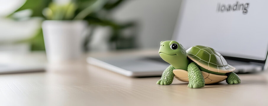 Green turtle figurine placed near a laptop displaying loading message, representing slow internet speed or processing issues