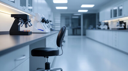 Microscopes and lab equipment arranged on counters in a brightly lit, modern research facility, emphasizing scientific investigation and discovery