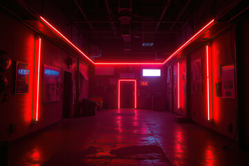 Cyberpunk party concept. Creative entrance to luxury night club. Neon lights. Banner style. Cool atmosphere. Text space. Indoor shot