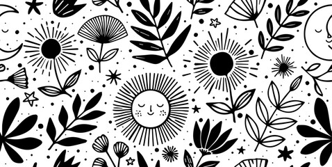 Hand drawn minimal abstract botanical silhouettes. Seamless botanical pattern. Fashion print and template for design.